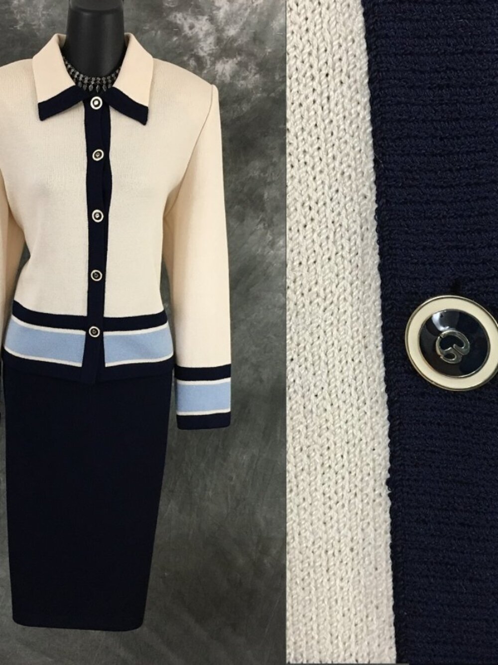 BEAUTIFUL St John collection knit Blue ivory multi jacket skirt suit size 8 10